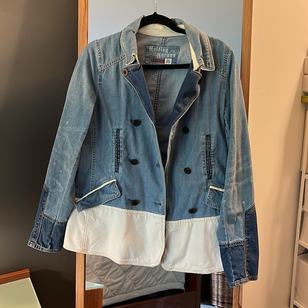 Anthropologie Holding Horses Distressed Western Denim Peacoat Jacket